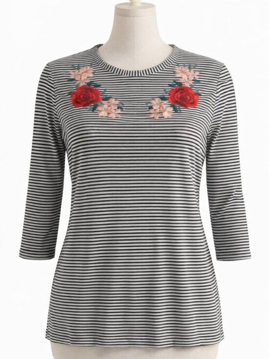 Boohooman Tops - Bahooman Striped Floral Embroidered Soft Knit Top M